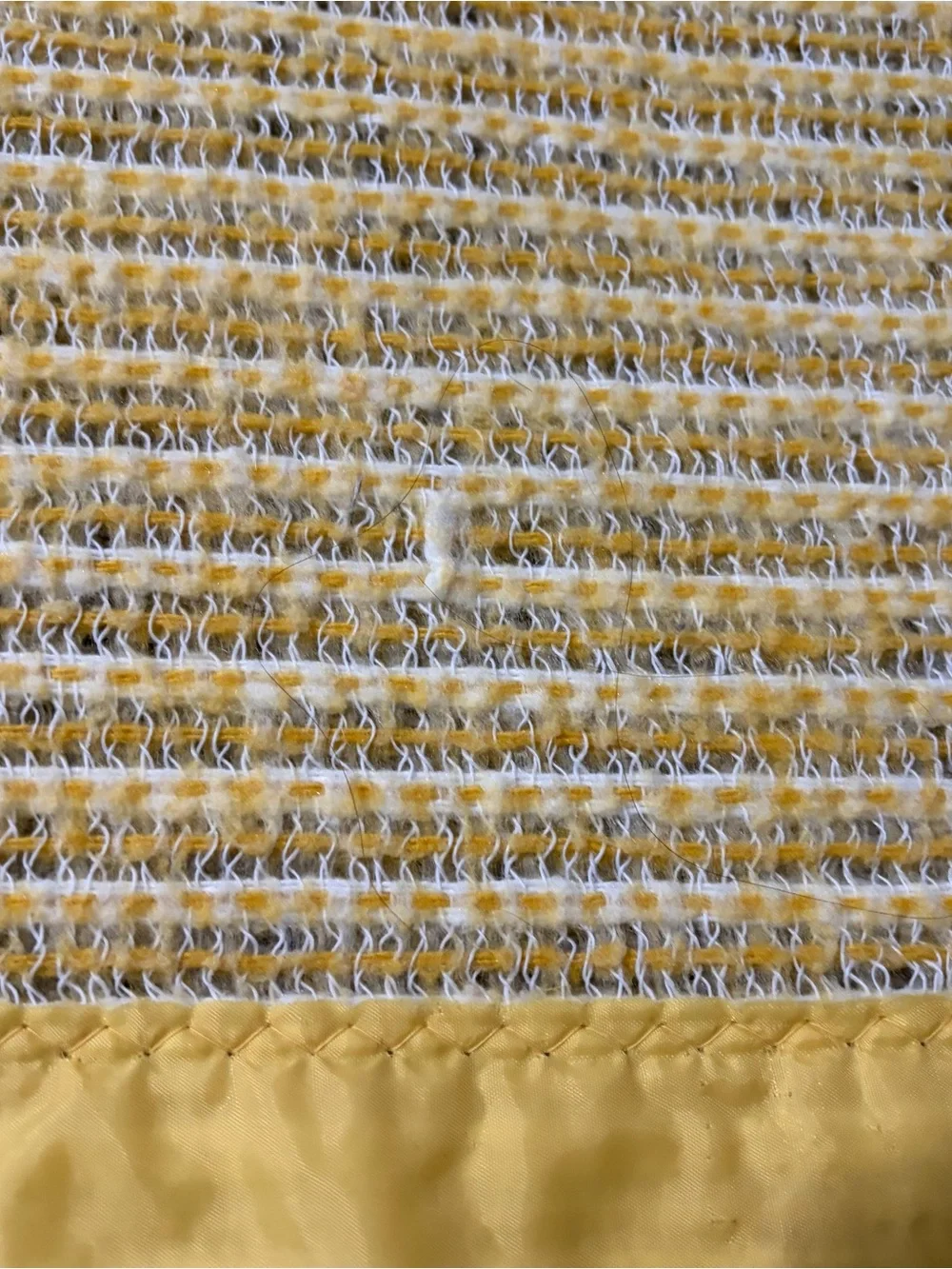 Vtg Twin Blanket Waffle Weave Satin/Nylon Trim 87x72 Yellow White Cottagecore